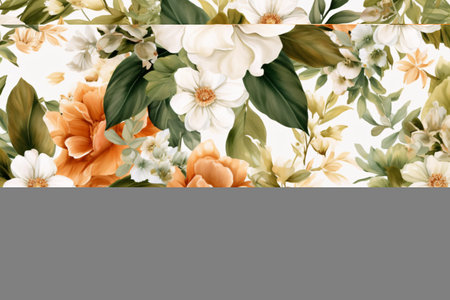 Watercolor floral border wreath with green leaves, pink peach blush and flower branchesの素材