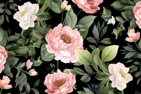 Watercolor floral border wreath with green leaves, pink peach blush and flower branchesの素材