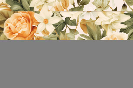 Watercolor floral border wreath with green leaves, pink peach blush and flower branchesの素材