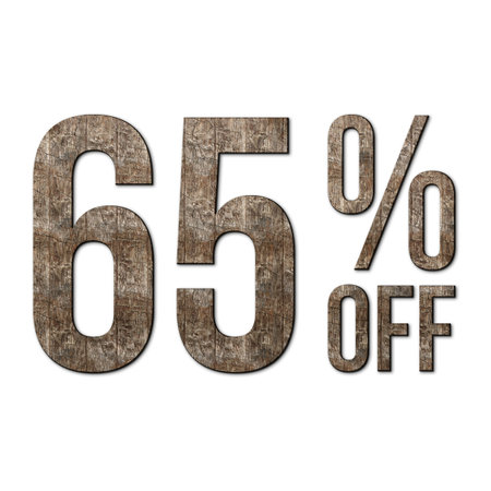 65 Percent Discount Offers Tag with Old Walnut Wood Style Designの写真素材