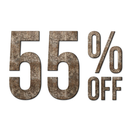 55 Percent Discount Offers Tag with Old Walnut Wood Style Designの写真素材