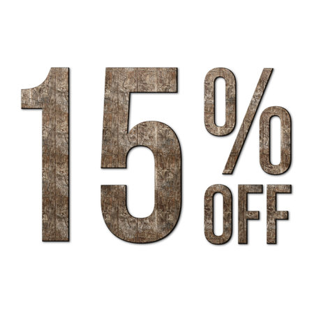 15 Percent Discount Offers Tag with Old Walnut Wood Style Designの写真素材