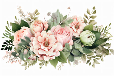 Watercolor floral border wreath with green leaves, pink peach blush and flower branchesの素材