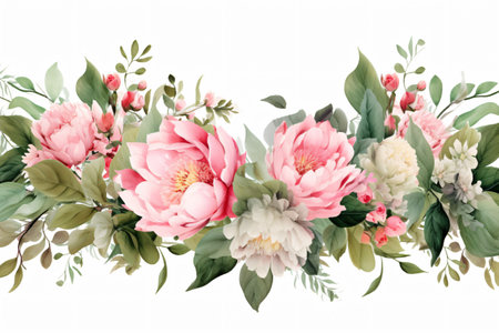Watercolor floral border wreath with green leaves, pink peach blush and flower branchesの素材