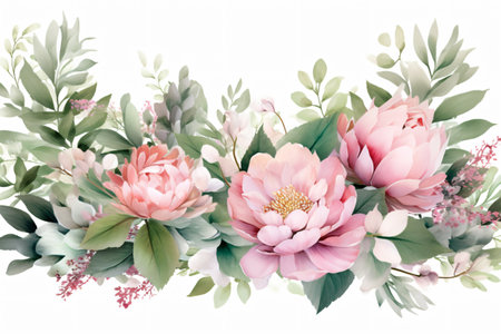 Watercolor floral border wreath with green leaves, pink peach blush and flower branchesの素材