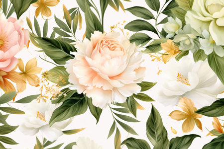 Watercolor floral border wreath with green leaves, pink peach blush and flower branchesの素材
