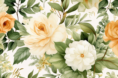 Watercolor floral border wreath with green leaves, pink peach blush and flower branchesの素材