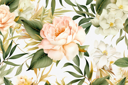 Watercolor floral border wreath with green leaves, pink peach blush and flower branchesの素材