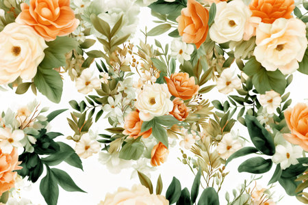 Watercolor floral border wreath with green leaves, pink peach blush and flower branchesの素材