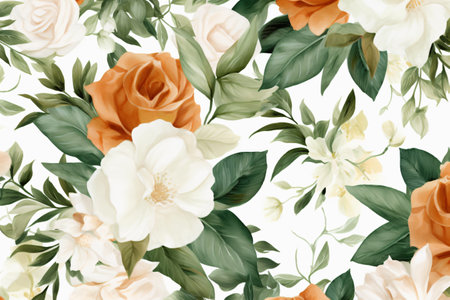 Watercolor floral border wreath with green leaves, pink peach blush and flower branchesの素材
