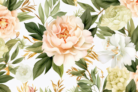 Watercolor floral border wreath with green leaves, pink peach blush and flower branchesの素材