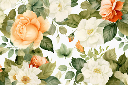 Watercolor floral border wreath with green leaves, pink peach blush and flower branchesの素材