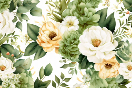 Watercolor floral border wreath with green leaves, pink peach blush and flower branchesの素材
