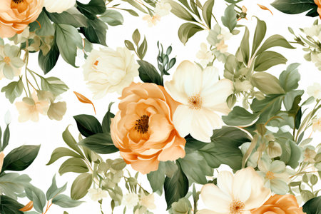 Watercolor floral border wreath with green leaves, pink peach blush and flower branchesの素材