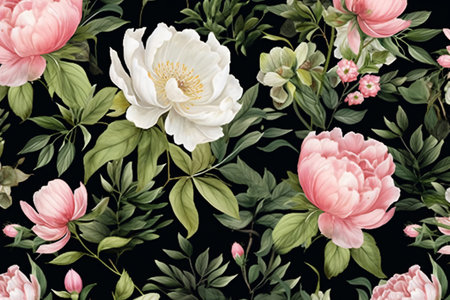 Watercolor floral border wreath with green leaves, pink peach blush and flower branchesの素材