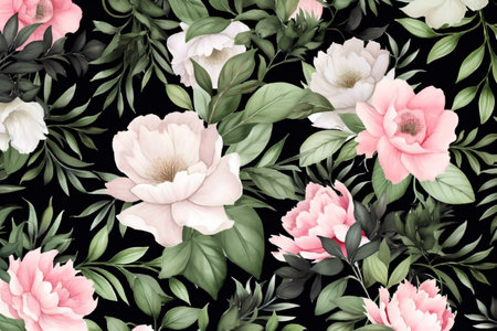 Watercolor floral border wreath with green leaves, pink peach blush and flower branchesの素材