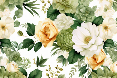 Watercolor floral border wreath with green leaves, pink peach blush and flower branchesの素材