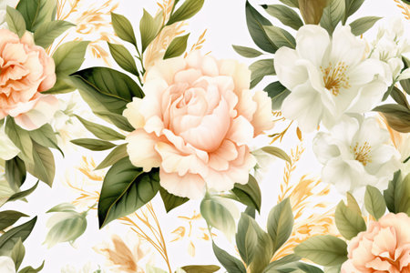 Watercolor floral border wreath with green leaves, pink peach blush and flower branchesの素材