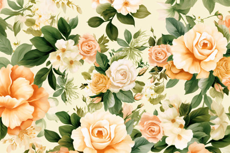 Watercolor floral border wreath with green leaves, pink peach blush and flower branchesの素材