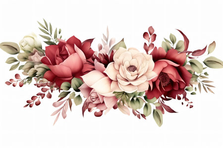 Watercolor floral border wreath with green leaves, pink peach blush and flower branchesの素材