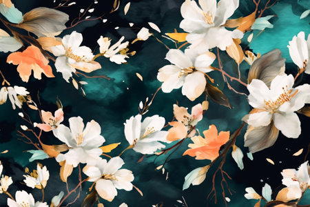 Watercolor floral border wreath with green leaves, pink peach blush and flower branchesの素材