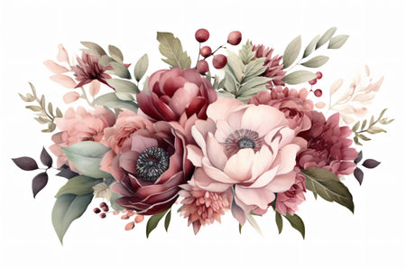 Watercolor floral border wreath with green leaves, pink peach blush and flower branchesの素材