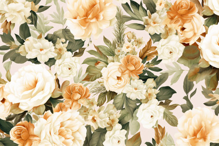 Watercolor floral border wreath with green leaves, pink peach blush and flower branchesの素材