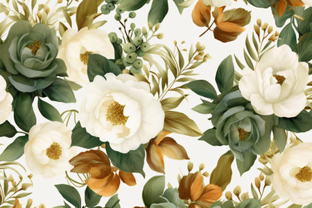 Watercolor floral border wreath with green leaves, pink peach blush and flower branchesの素材