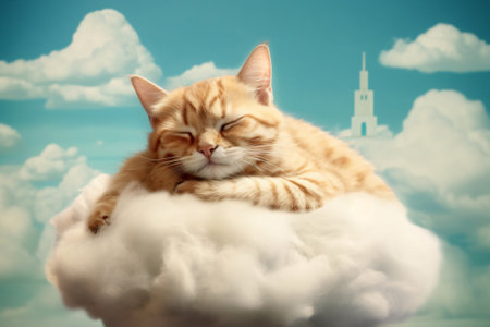 Cute ginger cat sleeping on a white fluffy cloud in the blue skyの素材