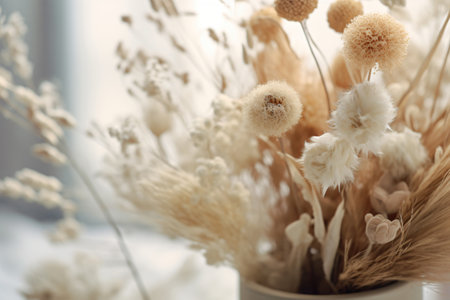 Bouquet of dried flowers on white table against beige backgroundの素材