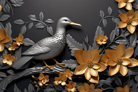 Illustration of a white goose on a black background with gold flowersの素材