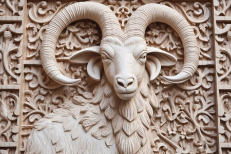 Sheep statue on the background of a wooden door with a patternの素材