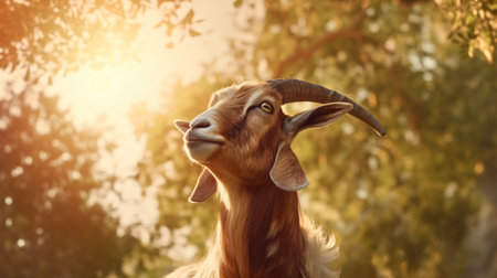 Portrait of a goat on a background of the summer forest.の素材