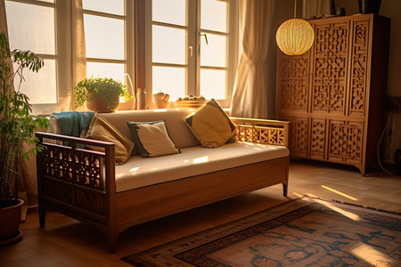 Decoration for living room mix of italian and roman, Large blank frame on wall, White and ivory colors, sunlight ray from window,の素材