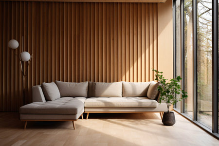 Decoration for living room mix of italian and roman, Large blank frame on wall, White and ivory colors, sunlight ray from window,の素材