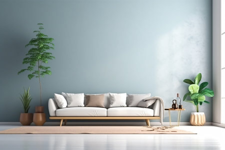 Decoration for living room mix of italian and roman, Large blank frame on wall, White and ivory colors, sunlight ray from window,の素材