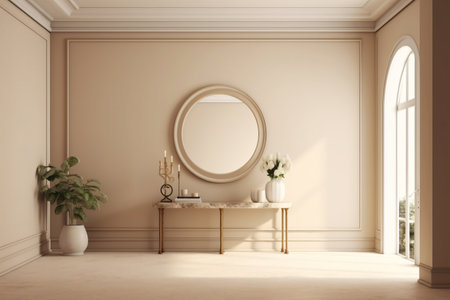 Decoration for living room mix of italian and roman, Large blank frame on wall, White and ivory colors, sunlight ray from window,の素材