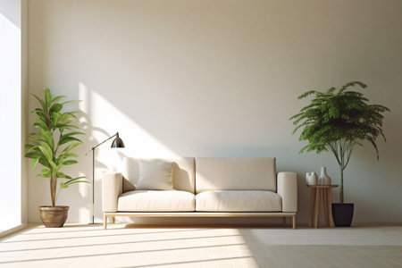 Decoration for living room mix of italian and roman, Large blank frame on wall, White and ivory colors, sunlight ray from window,の素材