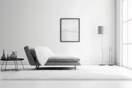Decoration for living room mix of italian and roman, Large blank frame on wall, White and ivory colors, sunlight ray from window,の素材