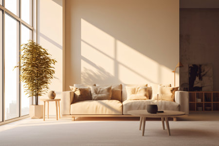 Decoration for living room mix of italian and roman, Large blank frame on wall, White and ivory colors, sunlight ray from window,の素材
