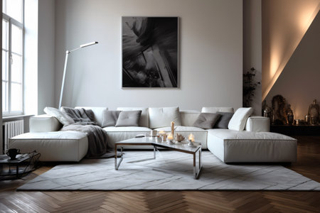 Decoration for living room mix of italian and roman, Large blank frame on wall, White and ivory colors, sunlight ray from window,の素材