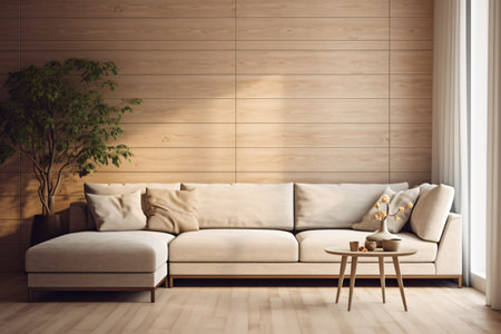Decoration for living room mix of italian and roman, Large blank frame on wall, White and ivory colors, sunlight ray from window,の素材