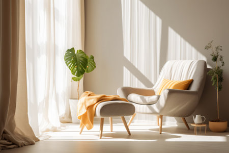 Decoration for living room mix of italian and roman, Large blank frame on wall, White and ivory colors, sunlight ray from window,の素材