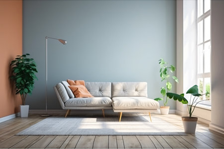Decoration for living room mix of italian and roman, Large blank frame on wall, White and ivory colors, sunlight ray from window,の素材
