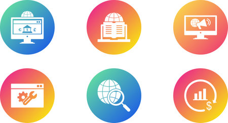 SEO Search Engine Optimization Glyph Rounded BG Icon pictogram symbol visual illustration Setのイラスト素材
