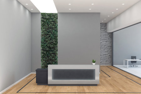 Office Reception Desk Mockup front view interior designの写真素材