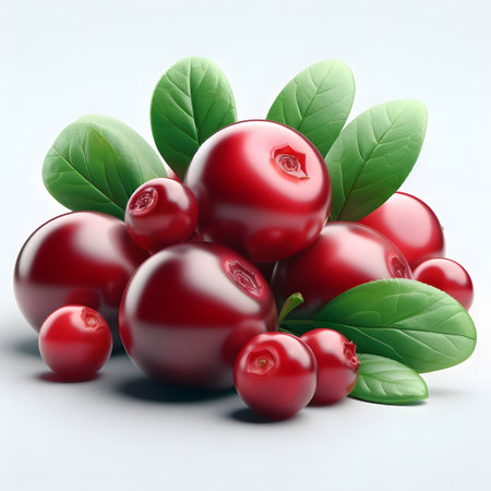 Fresh Cranberry fruit with green leaves isolated on white backgroundの素材