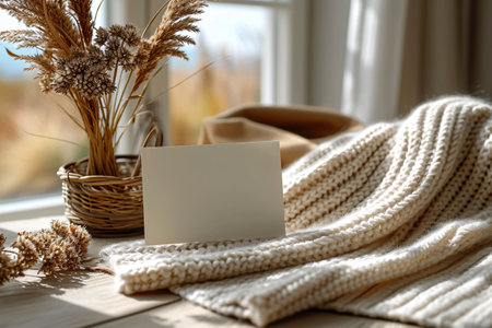 Paper Card & Flowers On Wooden Tableの素材