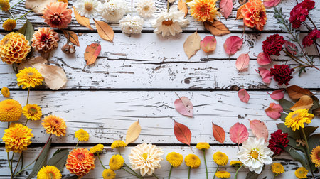 Autumn composition. Frame made of eucalyptus branches, cotton flowers, dried leaves on white wooden table. Autumn, fall concept. Flat lay, top view, copy spaceの素材