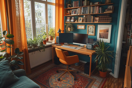Minimalist Scandinavian Interior Home Office Room Plants in Vase, Home Workstation Chair and Sunlight from windowの素材